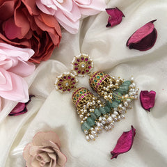Vriksham Elegant Floral Kundan Jadau Jhumka-Red Green & White-Aqua Green Bead-Rice Pearls-J3211
