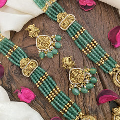 Vriksham Lakshmi With Dual Peacock AD Stone Beaded Mala-Pastel green Bead-G17336