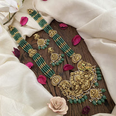 Vriksham Lakshmi With Dual Peacock AD Stone Beaded Mala-Pastel green Bead-G17336