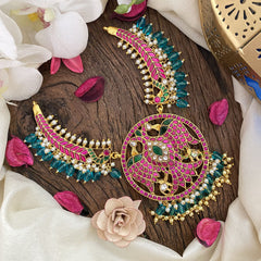 Vriksham Dual Bird Garudabenda Kundan Jadau Hasli Neckpiece-Turquoise Bead-J2826