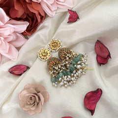 Vriksham Elegant Floral Kundan Jadau Jhumka-Red Green & White-Aqua Green Bead-Rice Pearls-J3211