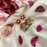 Vriksham Antique Floral Kundan Jadau Jhumka-Red Green-Aqua Green Bead-Pearls-J3212