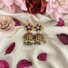 Vriksham Antique Floral Kundan Jadau Jhumka-Red Green-Aqua Green Bead-Pearls-J3212
