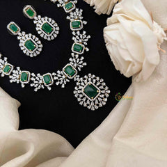 Vriksham Simple Emerald-Cut Crystal With Halo Pendant & Rectangular Drop Pendant Short Neckpiece-G21572