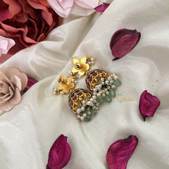 Vriksham Antique Floral Kundan Jadau Jhumka-Red Green-Aqua Green Bead-Pearls-J3212