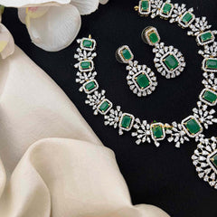 Vriksham Simple Emerald-Cut Crystal With Halo Pendant & Rectangular Drop Pendant Short Neckpiece-G21572