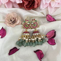 Vriksham Unique Peacock Kundan Jadau Jhumka-Red Green & White-Aqua Green Bead-Pearls-J3213
