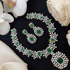 Vriksham Simple Emerald-Cut Crystal With Halo Pendant & Rectangular Drop Pendant Short Neckpiece-G21572