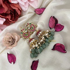 Vriksham Unique Peacock Kundan Jadau Jhumka-Red Green & White-Aqua Green Bead-Pearls-J3213