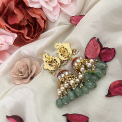 Vriksham Unique Peacock Kundan Jadau Jhumka-Red Green & White-Aqua Green Bead-Pearls-J3213