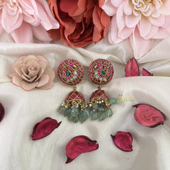 Vriksham Antique Peacock Kundan Jadau Cuff Jhumka-Aqua Green Beads-J3215