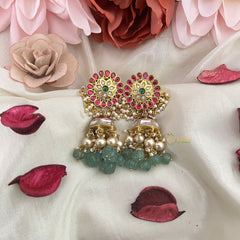 Vriksham Gold Look Alike Kundan Jadau Jhumka-Aqua Green & Off White Beads-J3216