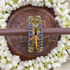 Vriksham Lotus Blossom Gold Floral Style Bangles Set-Blue-G20915