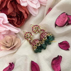 Vriksham Unique Designer Jadau Kundan Jhumka-Red White-Green Beads-J3223