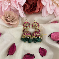Vriksham Unique Designer Jadau Kundan Jhumka-Red White-Green Beads-J3223