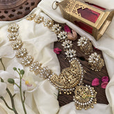 Vriksham Lakshmi with Dual Peacock Pendant Kundan Long Neckpiece-White-Gold Beads-G16143