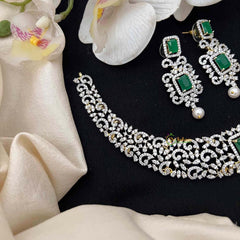 Vriksham Fuchsia Green-Cut Crystal Choker with Emerald-Cut Pendant Short Neckpiece-G21588
