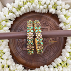 Vriksham Floral Festive Gold-Toned Crystal Bangles-Pitch & Green-G20927