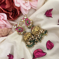 Vriksham Gold Look Alike Peacock Jadau Kundan Jhumka-Green & Off White Beads-J3224