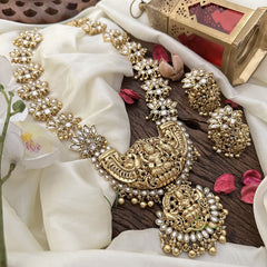 Vriksham Lakshmi with Dual Peacock Pendant Kundan Long Neckpiece-White-Gold Beads-G16143