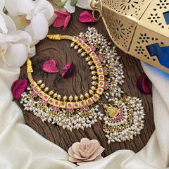 Vriksham Exquisite Kundan Jadau Lakshmi Pendant Short Neckpiece-Rice Pearl Guttapusalu-J2825