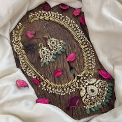 Vriksham Designer Dual Peacock Gold Plated Long Neckpiece-Green Bead-G19143