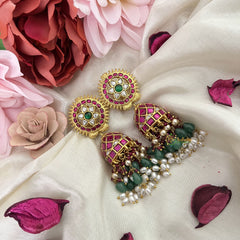 Vriksham Antique Floral Jadau Kundan Jhumka-Aqua Green Beads-Rice Pearls-J3225