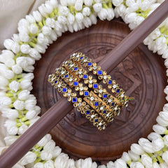 Vriksham Diagonal & Floral Style Silk Thread Kundan Bangles-Blue White-G20922