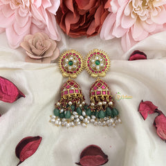 Vriksham Antique Floral Jadau Kundan Jhumka-Aqua Green Beads-Rice Pearls-J3225