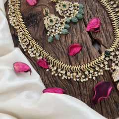 Vriksham Designer Dual Peacock Gold Plated Long Neckpiece-Green Bead-G19143