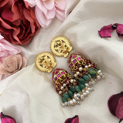 Vriksham Antique Floral Jadau Kundan Jhumka-Aqua Green Beads-Rice Pearls-J3225