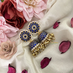 Vriksham Exquisite Jadau Kundan Jhumka-Blue-Gold Beads-Pearls-J3219