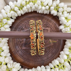 Vriksham Lotus Blossom Gold Floral Style Bangles Set-Orange-G20914