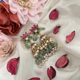 Vriksham Antique Lotus Jhumka-Aqua Green & Off White Beads-Rice Pearls-J3218