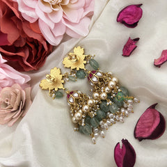 Vriksham Antique Lotus Jhumka-Aqua Green & Off White Beads-Rice Pearls-J3218