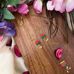 Vriksham Classic Red Green Stone Lotus Single Pendant Invisible Chain-Pearls-KG22268