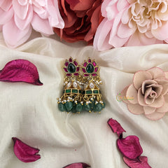 Vriksham Unique Floral Jadau Kundan Jhumka-Red Green & White-Aqua Green Beads-Pearls-J3226