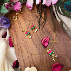 Vriksham Classic Red Green Stone Lotus Single Pendant Invisible Chain-Pearls-KG22268