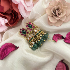 Vriksham Unique Floral Jadau Kundan Jhumka-Red Green & White-Aqua Green Beads-Pearls-J3226