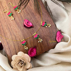 Vriksham Classic Red Green Stone Lotus 3 Pendant Invisible Chain-Pearls-KG22267