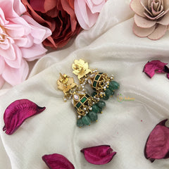 Vriksham Unique Floral Jadau Kundan Jhumka-Red Green & White-Aqua Green Beads-Pearls-J3226