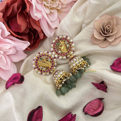 Vriksham Gold Look Like Peacock Jadau Kundan Jhumka-Aqua Green Beads-Pearls-J3227