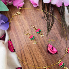 Vriksham Classic Red Green Stone Lotus 3 Pendant Invisible Chain-Pearls-KG22267