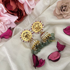 Vriksham Gold Look Like Peacock Jadau Kundan Jhumka-Aqua Green Beads-Pearls-J3227