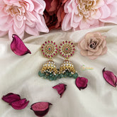 Vriksham Antique Floral Jadau Kundan Jhumka-Aqua Green Beads-Pearls-J3228