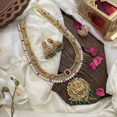 Vriksham Jalebi Lakshmi Pendant Long Neckpiece-Green Bead-Red-G16186