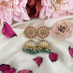 Vriksham Antique Floral Jadau Kundan Jhumka-Aqua Green Beads-Pearls-J3228