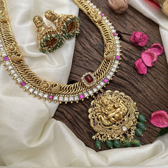 Vriksham Jalebi Lakshmi Pendant Long Neckpiece-Green Bead-Red-G16186