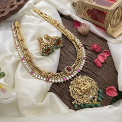 Vriksham Jalebi Lakshmi Pendant Long Neckpiece-Green Bead-Red-G16186