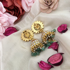 Vriksham Antique Floral Jadau Kundan Jhumka-Aqua Green Beads-Pearls-J3228